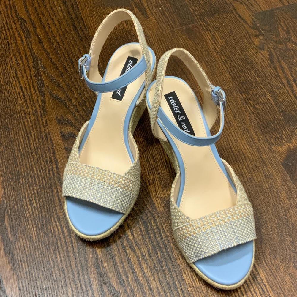 Pastel Blue and Tan wedge Sandals NEW